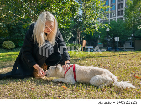 Young woman in black outfit gently offers a treat to her fluffy white dog lying on the green grass in a bright urban park Young woman in black outfit gently offers a treat to her fluffy white dog lying on the green grass in a bright urban park 140921229
