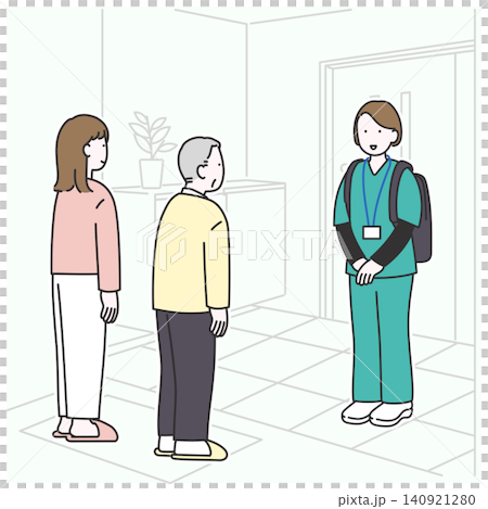 An illustration depicting an elderly man and his family welcoming a visiting nurse at the front door. An illustration depicting an elderly man and his family welcoming a visiting nurse at the front door. 140921280
