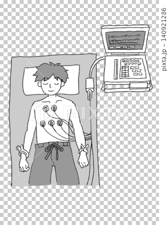 一名男子正在接受心電圖檢查的插圖(黑白,簡潔,白色背景 JPG) 一名男子正在接受心電圖檢查的插圖(黑白,簡潔,白色背景 JPG) 140921286