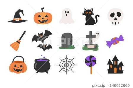 Typical Halloween Element Illustration Set Witch Hat Jack O Lantern Cobweb Candy Bat Tombstone Typical Halloween Element Illustration Set Witch Hat Jack O Lantern Cobweb Candy Bat Tombstone 140922069
