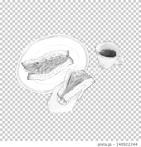 一幅手繪水彩風格的插圖，描繪了三明治和咖啡早餐。 140922244