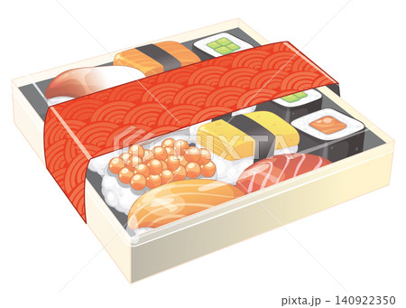Assorted Sushi Bento Box with Red Patterned Sleeve Vector Illustration Assorted Sushi Bento Box with Red Patterned Sleeve Vector Illustration 140922350