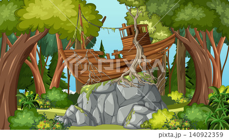 Abandoned Wooden Shipwreck on Jungle Rock Outcrop 140922359