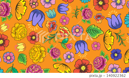 Colorful Mexican Folk Art Floral Pattern on Orange Background Colorful Mexican Folk Art Floral Pattern on Orange Background 140922362
