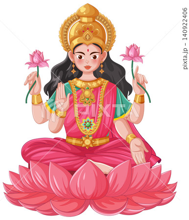 Hindu Goddess Lakshmi Sitting on Lotus Flower Vector Illustration 140922406