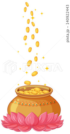 Golden Wealth Pot on Lotus Flower with Falling Coins and Sparkles Golden Wealth Pot on Lotus Flower with Falling Coins and Sparkles 140922443