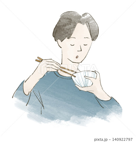お茶碗とお箸を持って食事をする若い男性の手描きイラスト お茶碗とお箸を持って食事をする若い男性の手描きイラスト 140922797