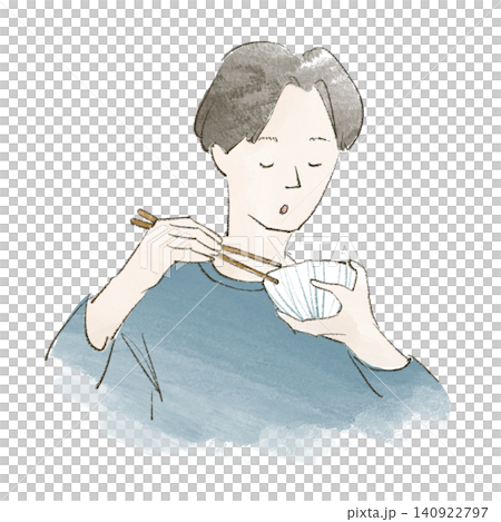 お茶碗とお箸を持って食事をする若い男性の手描きイラスト お茶碗とお箸を持って食事をする若い男性の手描きイラスト 140922797