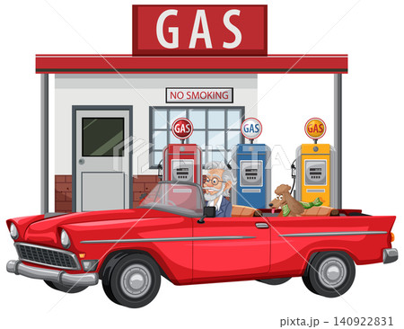 Senior Man and Dog in Red Convertible at Gas Station Senior Man and Dog in Red Convertible at Gas Station 140922831