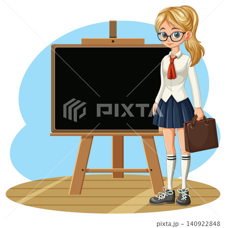 Schoolgirl Standing Beside Blank Blackboard Illustration Schoolgirl Standing Beside Blank Blackboard Illustration 140922848