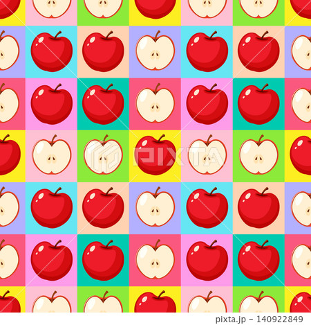 Seamless Pop Art Pattern with Red Apples on Colorful Checkered Background 140922849