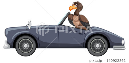 Cartoon Vulture Driving Classic Convertible Car Side View 140922861