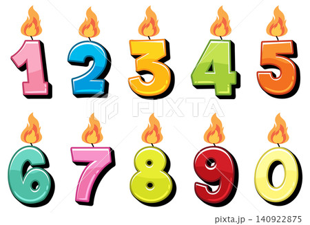 Colorful Birthday Candle Numbers with Flames Vector Colorful Birthday Candle Numbers with Flames Vector 140922875