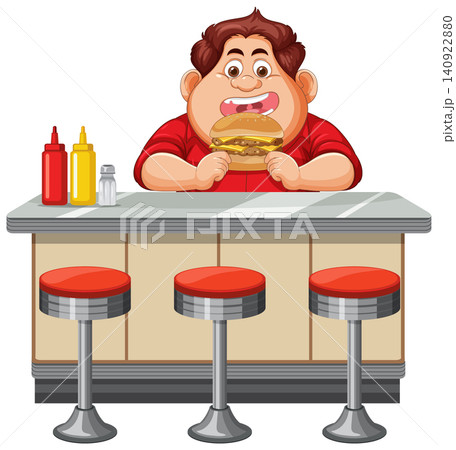 Man Eating Burger at Classic Diner Counter 140922880