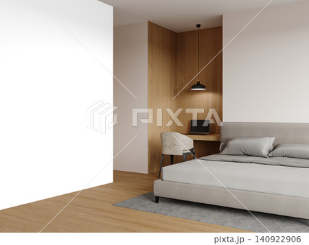 Modern Bedroom Wall Mockup PNG with Gray Upholstered Bed and Wooden Home Office Corner, Transparent Background Modern Bedroom Wall Mockup PNG with Gray Upholstered Bed and Wooden Home Office Corner, Transparent Background 140922906