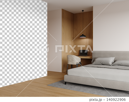 Modern Bedroom Wall Mockup PNG with Gray Upholstered Bed and Wooden Home Office Corner, Transparent Background Modern Bedroom Wall Mockup PNG with Gray Upholstered Bed and Wooden Home Office Corner, Transparent Background 140922906