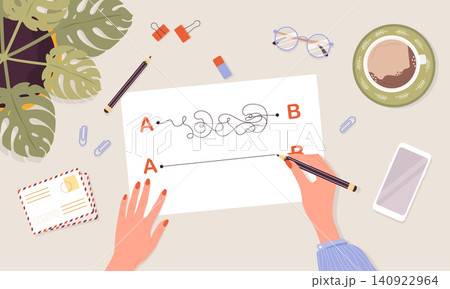 Plan B concept. Business strategy with goals for success. Top view on workspace. Woman holding pencil in hand and drawing line from point A to point B. Vector illustration in flat cartoon style Plan B concept. Business strategy with goals for success. Top view on workspace. Woman holding pencil in hand and drawing line from point A to point B. Vector illustration in flat cartoon style 140922964