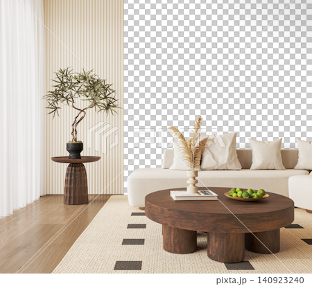 Curved Cream Sofa Living Room PNG with Dark Wood Coffee Table and Indoor Tree, Transparent Background Curved Cream Sofa Living Room PNG with Dark Wood Coffee Table and Indoor Tree, Transparent Background 140923240