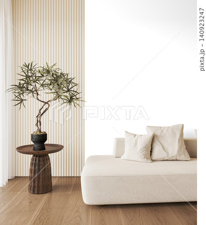 Cream Sofa Corner PNG with Indoor Tree and Dark Wood Side Table, Transparent Background Cream Sofa Corner PNG with Indoor Tree and Dark Wood Side Table, Transparent Background 140923247