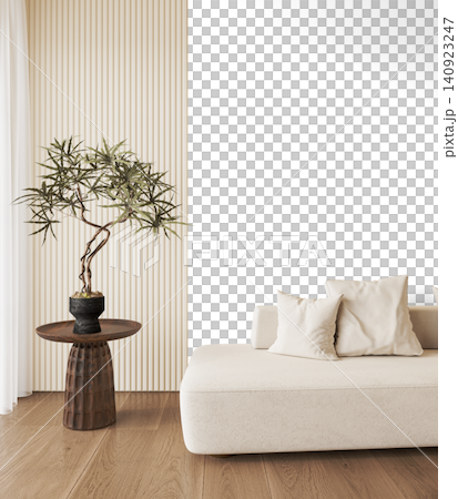 Cream Sofa Corner PNG with Indoor Tree and Dark Wood Side Table, Transparent Background Cream Sofa Corner PNG with Indoor Tree and Dark Wood Side Table, Transparent Background 140923247