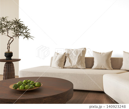 Organic Modern Sofa Interior PNG with Dark Wood Coffee Table and Green Fruit Bowl, Transparent Background Organic Modern Sofa Interior PNG with Dark Wood Coffee Table and Green Fruit Bowl, Transparent Background 140923248