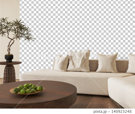 Organic Modern Sofa Interior PNG with Dark Wood Coffee Table and Green Fruit Bowl, Transparent Background 140923248