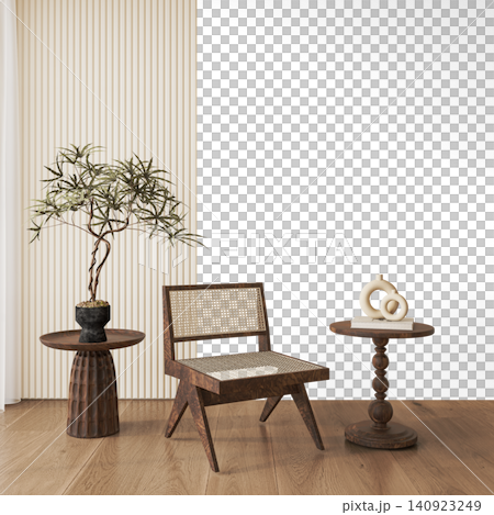 Japandi Lounge Chair Interior PNG with Dark Wood Cane Chair and Indoor Tree, Transparent Background Japandi Lounge Chair Interior PNG with Dark Wood Cane Chair and Indoor Tree, Transparent Background 140923249