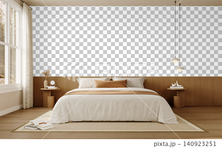 Neutral Bedroom Wall Mockup PNG with Beige Bed, Large Window and Wooden Nightstands, Transparent Background Neutral Bedroom Wall Mockup PNG with Beige Bed, Large Window and Wooden Nightstands, Transparent Background 140923251