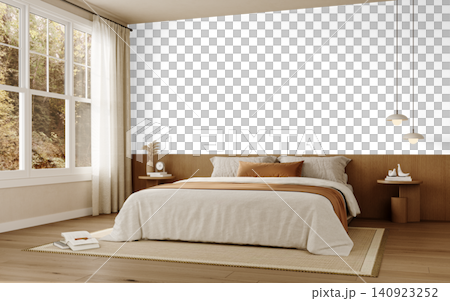 Modern Neutral Bedroom Interior PNG with Large Window, Beige Bed and Warm Wood Headboard, Transparent Background Modern Neutral Bedroom Interior PNG with Large Window, Beige Bed and Warm Wood Headboard, Transparent Background 140923252