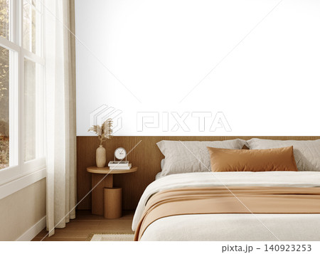 Cozy Bedroom Corner Wall Mockup PNG with Beige Bedding, Wooden Nightstand and Large Window, Transparent Background Cozy Bedroom Corner Wall Mockup PNG with Beige Bedding, Wooden Nightstand and Large Window, Transparent Background 140923253
