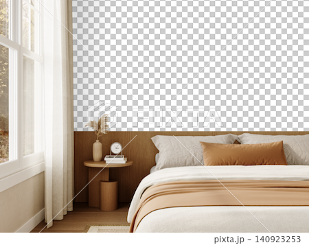 Cozy Bedroom Corner Wall Mockup PNG with Beige Bedding, Wooden Nightstand and Large Window, Transparent Background Cozy Bedroom Corner Wall Mockup PNG with Beige Bedding, Wooden Nightstand and Large Window, Transparent Background 140923253