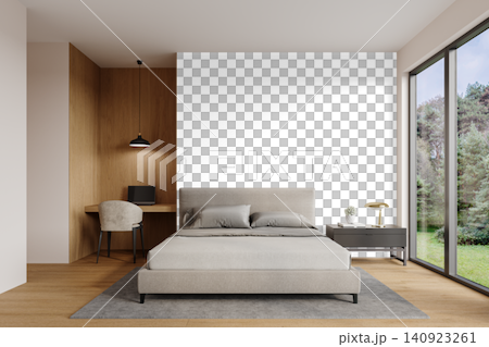 Modern Bedroom Interior PNG with Gray Upholstered Bed, Built In Desk and Large Windows, Transparent Background Modern Bedroom Interior PNG with Gray Upholstered Bed, Built In Desk and Large Windows, Transparent Background 140923261