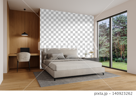 Contemporary Bedroom Interior PNG with Gray Bed, Wooden Desk and Forest View, Transparent Background Contemporary Bedroom Interior PNG with Gray Bed, Wooden Desk and Forest View, Transparent Background 140923262