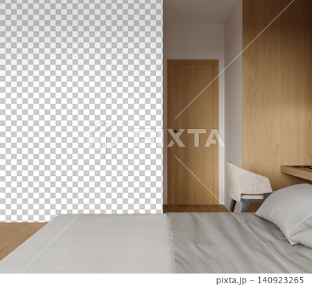 Minimalist Bedroom Corner PNG with Gray Bed, Wooden Door and Study Desk, Transparent Background Minimalist Bedroom Corner PNG with Gray Bed, Wooden Door and Study Desk, Transparent Background 140923265
