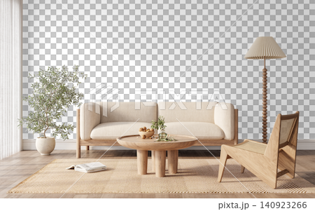 Japandi Living Room Interior PNG with Cream Sofa, Olive Tree and Cane Lounge Chair, Transparent Background Japandi Living Room Interior PNG with Cream Sofa, Olive Tree and Cane Lounge Chair, Transparent Background 140923266