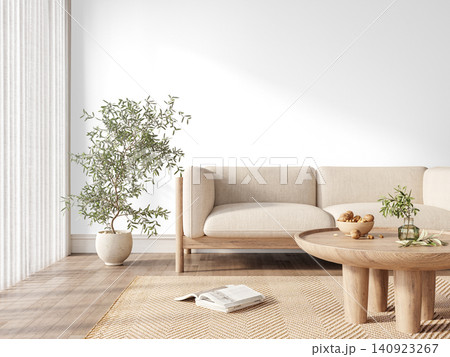 Japandi Sofa Corner Interior PNG with Olive Tree and Round Wooden Coffee Table, Transparent Background Japandi Sofa Corner Interior PNG with Olive Tree and Round Wooden Coffee Table, Transparent Background 140923267