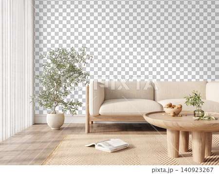 Japandi Sofa Corner Interior PNG with Olive Tree and Round Wooden Coffee Table, Transparent Background Japandi Sofa Corner Interior PNG with Olive Tree and Round Wooden Coffee Table, Transparent Background 140923267