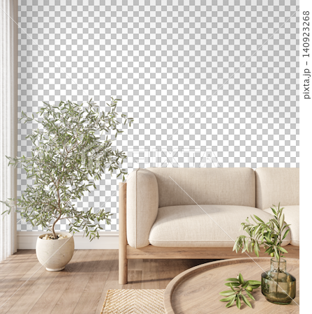 Close Up Japandi Living Room Interior PNG with Olive Tree, Cream Sofa and Wooden Coffee Table, Transparent Background Close Up Japandi Living Room Interior PNG with Olive Tree, Cream Sofa and Wooden Coffee Table, Transparent Background 140923268