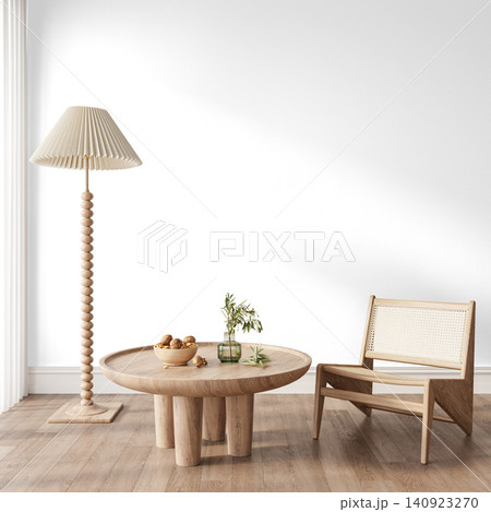 Japandi Reading Corner Interior PNG with Pleated Floor Lamp, Round Coffee Table and Cane Chair, Transparent Background 140923270