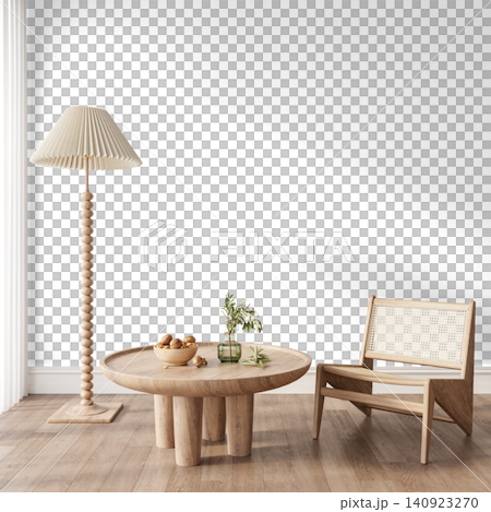 Japandi Reading Corner Interior PNG with Pleated Floor Lamp, Round Coffee Table and Cane Chair, Transparent Background 140923270