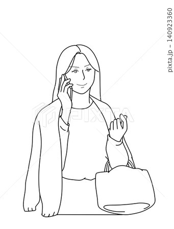 スマートフォンで通話する外出中の女性の線画 スマートフォンで通話する外出中の女性の線画 140923360