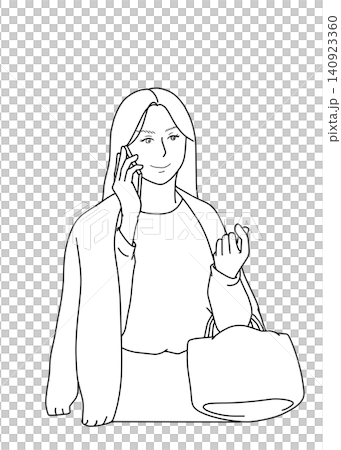 スマートフォンで通話する外出中の女性の線画 スマートフォンで通話する外出中の女性の線画 140923360