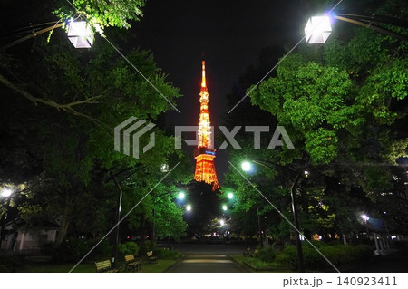 夜の芝公園の東京タワーと街灯 6月芝公園37東京タワーと芝公園4号地・夜景 夜の芝公園の東京タワーと街灯 6月芝公園37東京タワーと芝公園4号地・夜景 140923411