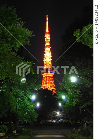 夜の芝公園の東京タワーと街灯 6月芝公園38東京タワーと芝公園4号地・夜景 夜の芝公園の東京タワーと街灯 6月芝公園38東京タワーと芝公園4号地・夜景 140923412