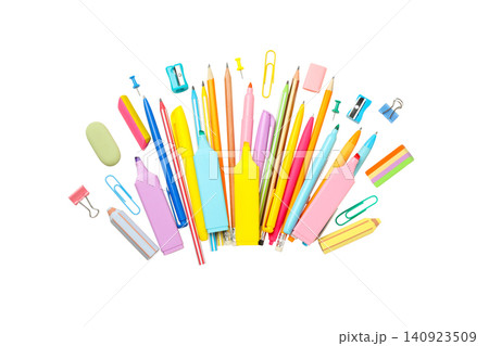 Vibrant school pens, pencils, and gear, isolated on white, PNG Vibrant school pens, pencils, and gear, isolated on white, PNG 140923509