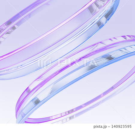 Elegant abstract 3D background with glass holographic transparent rings, purple blue gradient, dynamic pattern. Shimmering high-speed circular lines on light violet render backdrop. 3D illustration 140923595