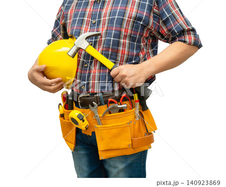 Male builder worker with tool belt pocket at waist isolated on white background. Male builder worker with tool belt pocket at waist isolated on white background. 140923869