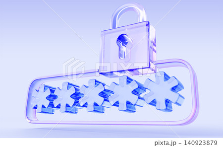 Hologram glass lock 3d icon with blue password asterisks on purple render background. Concept of authentication, computer security, privacy information, secure access to accounts. 3D illustration 140923879
