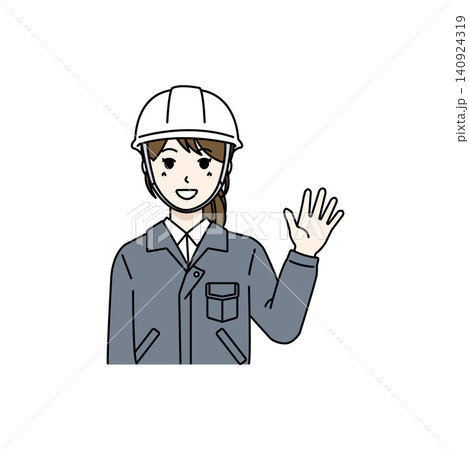 女性作業員 ヘルメット グレー作業服 挨拶 女性作業員 ヘルメット グレー作業服 挨拶 140924319