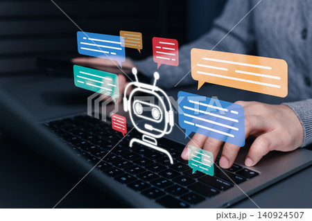 AI chatbot communication and automated customer support concept. Person using laptop, virtual assistant, chat bubble, instant message, online helpdesk workflow, service automation, digital engagement AI chatbot communication and automated customer support concept. Person using laptop, virtual assistant, chat bubble, instant message, online helpdesk workflow, service automation, digital engagement 140924507
